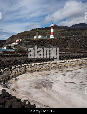 Salinas de Fuencaliente, La Palma. Kanarische Inseln Spanien. Die fuencaliente Salz Verdunstungsteichen zu ernten Meersalz liegen an der Küste eingesetzt. Über dem berühmten Touristenattraktion Leuchttürme und Besucherzentrum auf den Klippen der Küste befinden. Diese Seite markiert den südlichsten Ende von La Palma. Mit einer Ricoh GRII Kamera fotografiert. Stockfoto