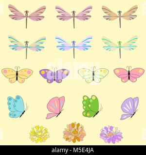 Feder für die Gestaltung der bunten Schmetterlinge, Libellen und Blumen. Stock Vektor
