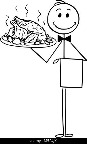 Cartoon von Kellner Holding Silber Platte oder Fach mit gebratenem Huhn oder Truthahn Stock Vektor