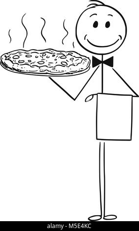 Cartoon von Kellner Holding Silber Platte oder Fach mit Pizza Stock Vektor