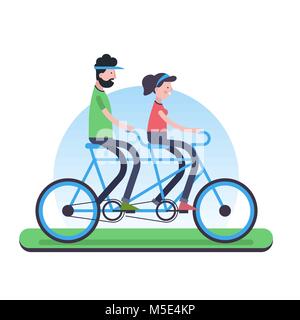 Glückliches Paar Outdoor Reiten ein Tandem Bike zusammen. Umweltfreundliche green Team Bike Konzeption Illustration in trendigen Flat Style. EPS 10 Vektor. Stock Vektor