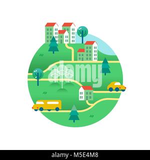 Umweltfreundliche Welt mit öffentlichen Verkehrsmitteln, Elektroautos, Solarzellen auf Häuser und Windkraftanlagen. Umweltschutz Konzept Abbildung in Mo Stock Vektor