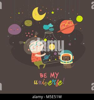 Nettes Mädchen mit Planeten des Sonnensystems Stock Vektor