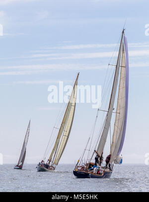 Drei klassische Holzboote segeln in den Abstand unter vollen Segeln. Stockfoto