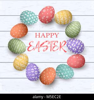 Ostern bunte Eier mit verschiedenen einfachen Ornamenten im Kreis Rahmen. weiß Holz- Hintergrund. Vector Illustration. Postkarte Vorlage, Dekoration, Lab Stock Vektor