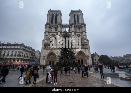 PARIS, Frankreich, 20. Dezember 2017: Notre Dame de Paris Kathedrale während einem bewölkten Nachmittag mit den traditionellen Weihnachtsbaum vor. Notre Dame Ich Stockfoto