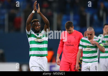 Sankt Petersburg, Russland. 22 Feb, 2018. Moussa Dembélé FK Keltischen reagiert während der UEFA Europa League Umlauf von 32 Fußballspiel zwischen FC Zenit Sankt Petersburg und FK Celtic bei Saint Petersburg Stadion. Quelle: Igor Russak/SOPA/ZUMA Draht/Alamy leben Nachrichten Stockfoto