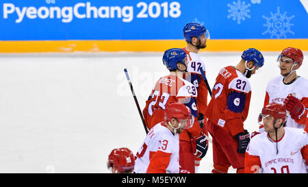 Seoul, Korea, Republik. 23 Feb, 2018. Von links der Tschechischen ONDŘEJ NEMEC, MICHAL JORDAN, MARTIN RUZICKA nach Tschechien gegen Russland Eishockey semi final Match innerhalb der 2018 Winter Olympics in Tainan, Südkorea, 23. Februar 2018. Quelle: Michal Kamaryt/CTK Photo/Alamy leben Nachrichten Stockfoto