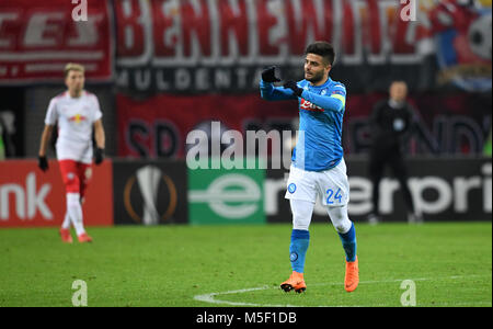 22. Februar 2018, Deutschland, Leipzig: Fußball, UEFA Europa League, Runden von 32, 2 Bein, RB Leipzig vs SSC Neapel. Neapel Lorenzo Insigne feiert. Foto: Ralf Hirschberger/dpa-Zentralbild/dpa Stockfoto