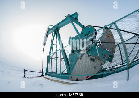 Alberta, Kanada. Öl gut pumpjack auf die Wiesen an einem nebligen Tag im Winter, Fisheye Perspektive. Stockfoto
