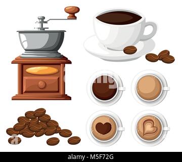 Klassische Kaffeemühle mit ein paar Kaffeebohnen manuelle Kaffeemühle und eine Tasse Kaffee Tasse Vector Illustration auf weißem Hintergrund. Stock Vektor