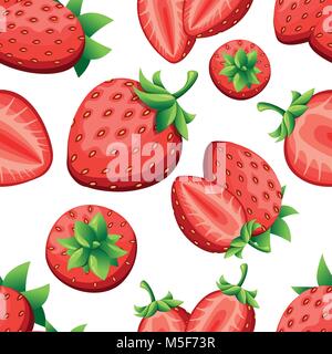 Nahtlose Muster der Erdbeere und Scheiben von Erdbeeren. Vector Illustration für dekorative Poster, Emblem Naturprodukt, Farmers Market. Website p Stock Vektor