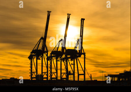 Große Kräne Silhouette in den Hafen bei Sonnenuntergang Stockfoto