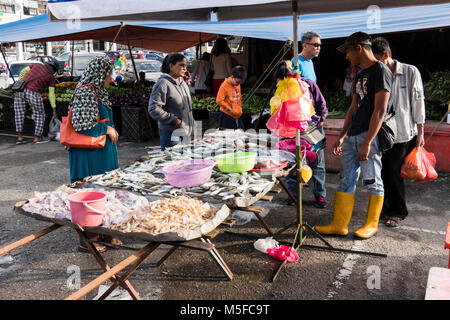 Cameron Highlands, Malaysia, 17. Dezember 2017: Mann verkauft seine frischen Fisch auf dem Markt Stockfoto