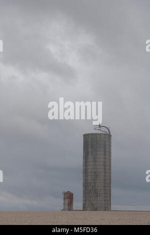 Zwei Silos stand über einem gemäht Sojafeld im Februar auf ein düsteres bewölkter Himmel Erstellen eines Erie aussehen. Stockfoto