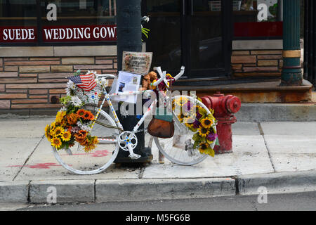 Ein Ghost bike Memorial markiert den Punkt in Chicago, wo 23-jährige Anastasia Kondrasheva wurde angeschlagen und von einem Bau Lkw Sept. 26, 2016 getötet. Stockfoto