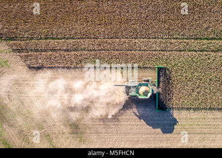 Luftaufnahme direkt an einem Mähdrescher fahren durch Reihen von Sojabohnen und kicking up dust, Maryland suchen Stockfoto