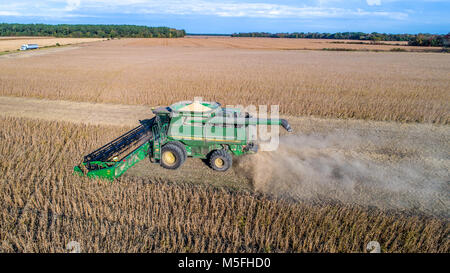 Luftaufnahme von Mähdrescher fahren durch Reihen von Sojabohnen und kicking up dust, Maryland Stockfoto