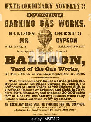 Historische Luftfahrt, Luftballons und fliegenden Maschinen - Plakatwerbung eine nächtliche Ballon aufstieg von während der offiziellen Eröffnung Bellen Gas arbeitet, London 1839 Stockfoto