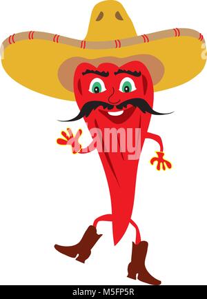 Ein Cartoon sizzling hot Mexican Chili wth langen Schnurrbart, cowby Stiefel und einen Sombrero Stock Vektor