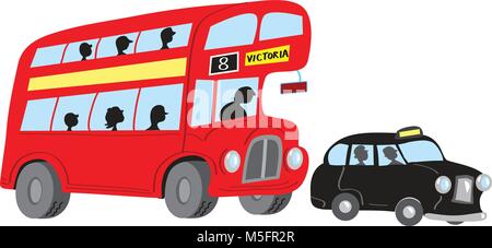 Ein Cartoon vintage London Bus und ein schwarzes Taxi. Stock Vektor