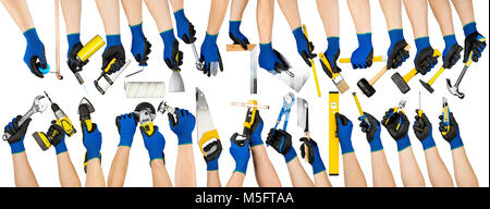 Umfangreiche Sammlung von Menschen Hände die Hand Tools auf weißem Hintergrund diy Konzept isoliert Stockfoto