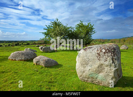 Piper's Steine, Bronzezeit Steinkreis (1400-800 v. Chr.) von 14 Granitfelsen, in der Nähe von Hollywood, County Wicklow, Irland Stockfoto