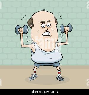 Ein Cartoon mann Stämme Gewichte zu heben und seine Muskeln aufzubauen. Stock Vektor