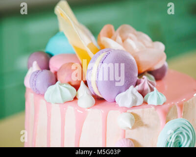 Mousse Cake mit rosa Schokolade samt und Spiegel abgedeckt Glasur, mit Baisers, Makronen und Rosen dekoriert Stockfoto