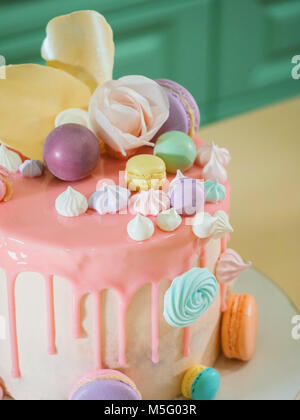 Mousse Cake mit rosa Schokolade samt und Spiegel abgedeckt Glasur, mit Baisers, Makronen und Rosen dekoriert Stockfoto