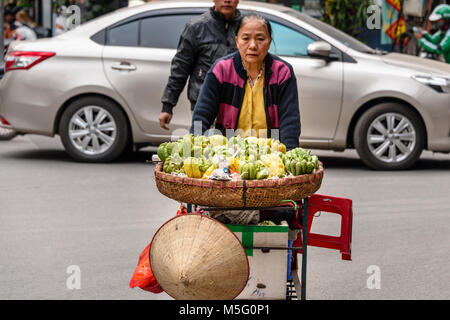 Eine vietnamesische Frau drückt ihr Handwagen mit Obst entlang einer Straße in Hanoi, Vietnam. Stockfoto