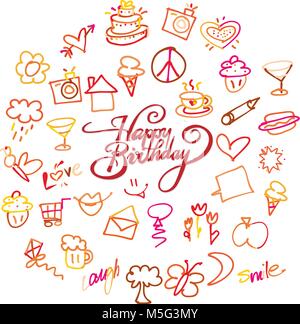 Happy birthday Schriftzug und doodles. Handskizzen. Glückliche Kindheit Symbole. Stock Vektor