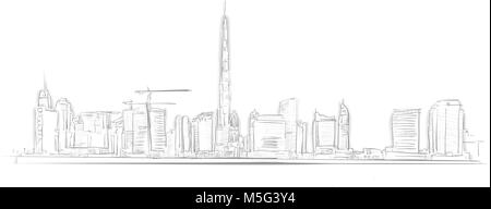 Skyline von Dubai Landmark Skizze. Line Art Zeichnung von Hand. Travel Design, Architektur Symbol für Grußkarten, vector Hintergrund. Stock Vektor