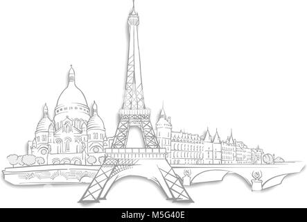 Pariser Sehenswürdigkeiten Skizzen. Line Art Zeichnung von Hand. Travel Design, Architektur Symbol für Grußkarten, vector Hintergrund. Stock Vektor