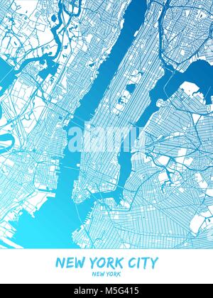 New York City Downtown und Umgebung Karte in blau schattierte Version mit vielen Details. Diese Karte von New York City enthält typische Sehenswürdigkeiten mit Zimmer f Stock Vektor