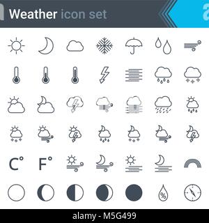 Wetter online Icon Set - Sonne und Mond, Mondphasen, Wolken, Regen, Schnee, Regenbogen, Donner Stock Vektor