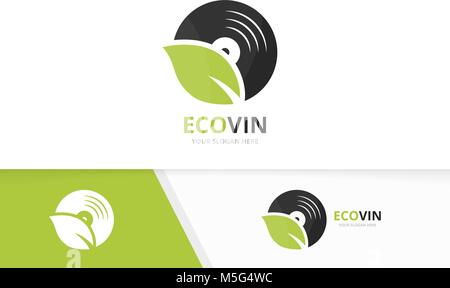 Vektor vinyl und Leaf logo Kombination. Aufzeichnen und Eco-Symbol oder das Symbol. Einzigartige musik album und organischen Logo Design Template. Stock Vektor