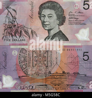 Nahaufnahme von der Rückseite und Vorderseite Seite der australischen fünf 5 - Dollar-Note Stockfoto