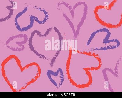 Abstraktes Muster von rot, rosa und lila Herzen auf rosa Hintergrund. Vektor oder Illustration mit minimalistischen Motiv für Valentines Tag. Stock Vektor