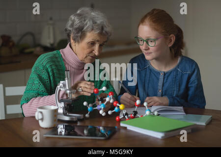 Großmutter, Enkelin mit Hausaufgaben in der Küche Stockfoto