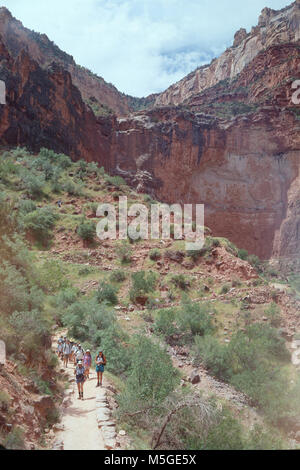 Bright Angel Trail - Grand Canyon unter Jacob's Ladder eine Gruppe Tag wandern unter dem redwall limestone Serpentinen für die Jakobsleiter auf der Bright Angel Trail. Dieser Ort liegt südlich der indischen Garten. Die Rundreise zu Indain Garten ist 9,2 Meilen (14,8 km) und dauert zwischen 6 und 10 Stunden. Indian Gardens ist 3.060 Fuß (933 m) unterhalb des South Rim Dorf. Stockfoto