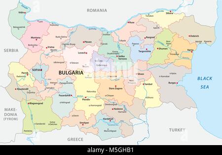 Bulgarien Vektorkarte und große Städte und Flüsse Stock Vektor