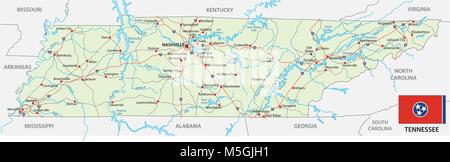 Straße Vektorkarte des US-Bundesstaates Tennessee mit Flag Stock Vektor