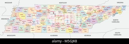 Administrative und politische Vektorkarte der US-Staat Tennessee Stock Vektor