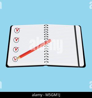 Notebook roter Stift mit Haken Vector Illustration auf weißem Hintergrund Stock Vektor