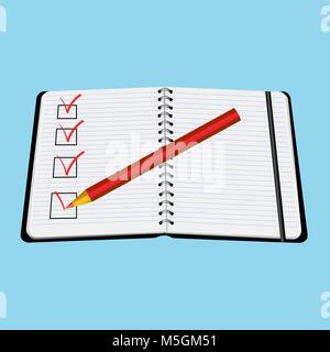 Notebook roter Stift mit Haken Vector Illustration auf weißem Hintergrund Stock Vektor