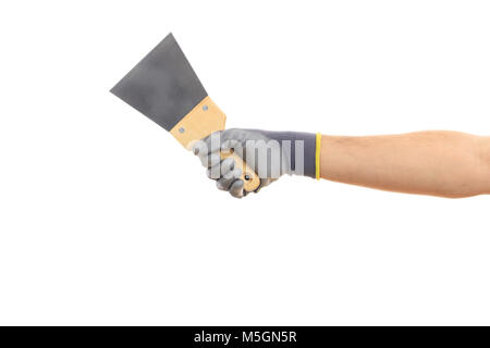 Hand mit einem metallspachtel auf weißem Hintergrund Stockfoto