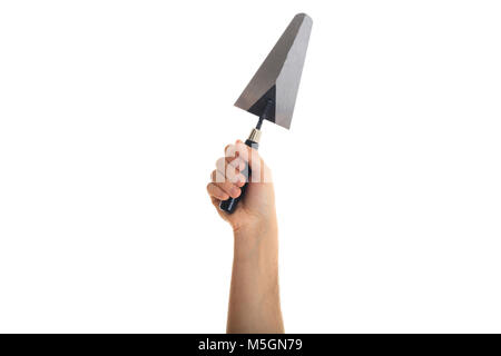 Hand mit einem Metall Kelle auf weißem Hintergrund Stockfoto