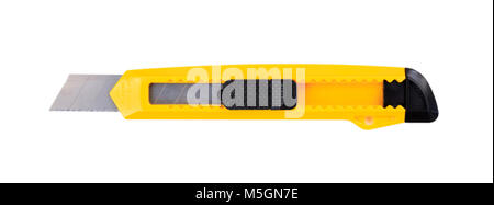 Gelbes Papier Cutter auf weißem Hintergrund, Ansicht von oben Stockfoto