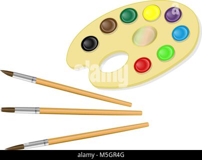 Palette mit Farben und Pinsel auf weißem Hintergrund Stock Vektor